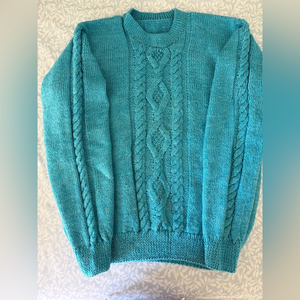 New Without Tags Unisex Pure Hand Knit Turquoise Cable Knit Sweater